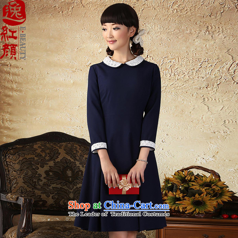 A Pinwheel Without Wind blue heart autumn Yat On early autumn 2015 new long-sleeved dresses ethnic improved elegance navy blue?M