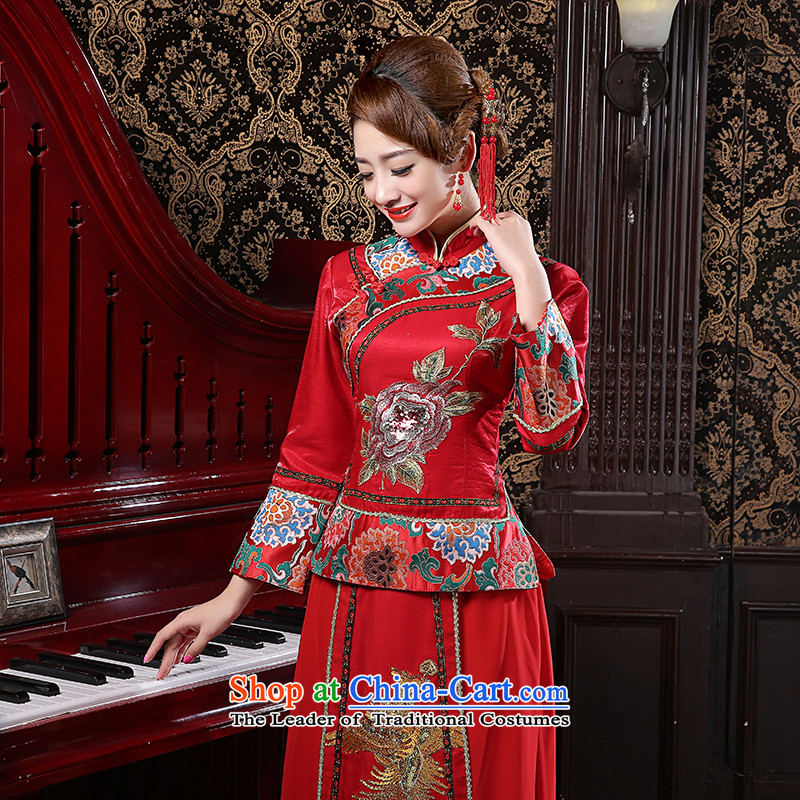Rain-sang yi new bride wedding dress red retro improved Chinese style wedding wedding dresses kit long skirt QP565 embroidered red M rain still Yi shopping on the Internet has been pressed.