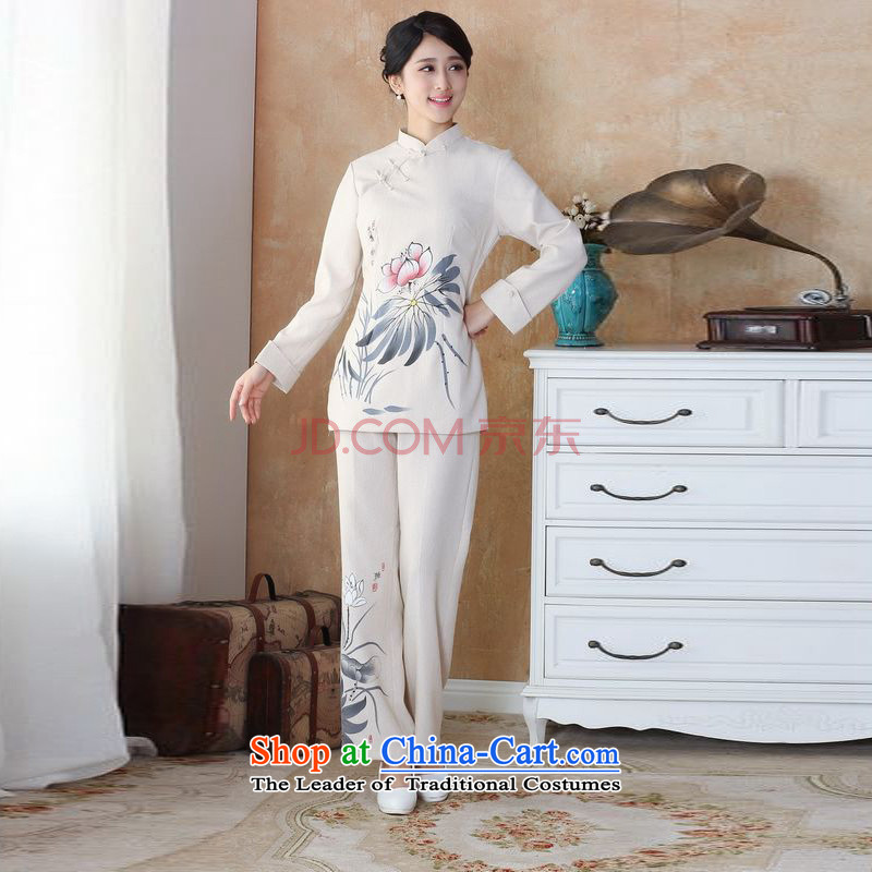 Min. Ms. Joseph older Tang dynasty cotton linen load spring and autumn kit collar hand-painted Tang blouses pants Kit - 1 M, Min Joseph beige shopping on the Internet has been pressed.