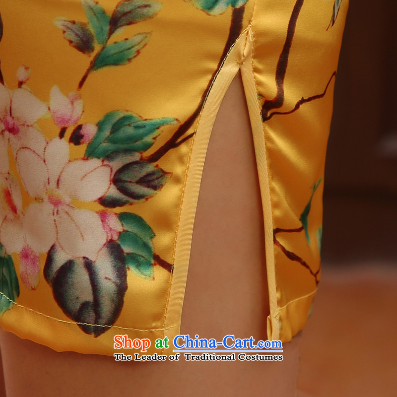 Morning new qipao Land summer short of improvement and Stylish retro herbs extract silk cheongsam dress Chinese yellow yellow XXL, morning land has been pressed shopping on the Internet