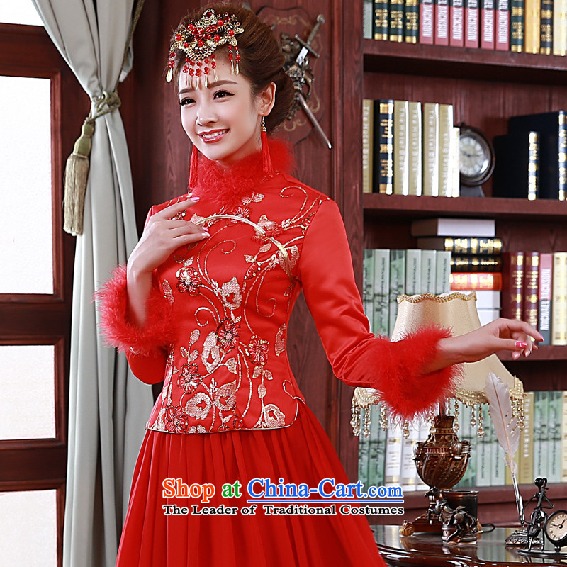 The privilege of serving-leung 2015 Fall/Winter Collections new bride bows service wedding dress Chinese long-sleeved plus cotton red 2XL, qipao honor services-leung , , , shopping on the Internet