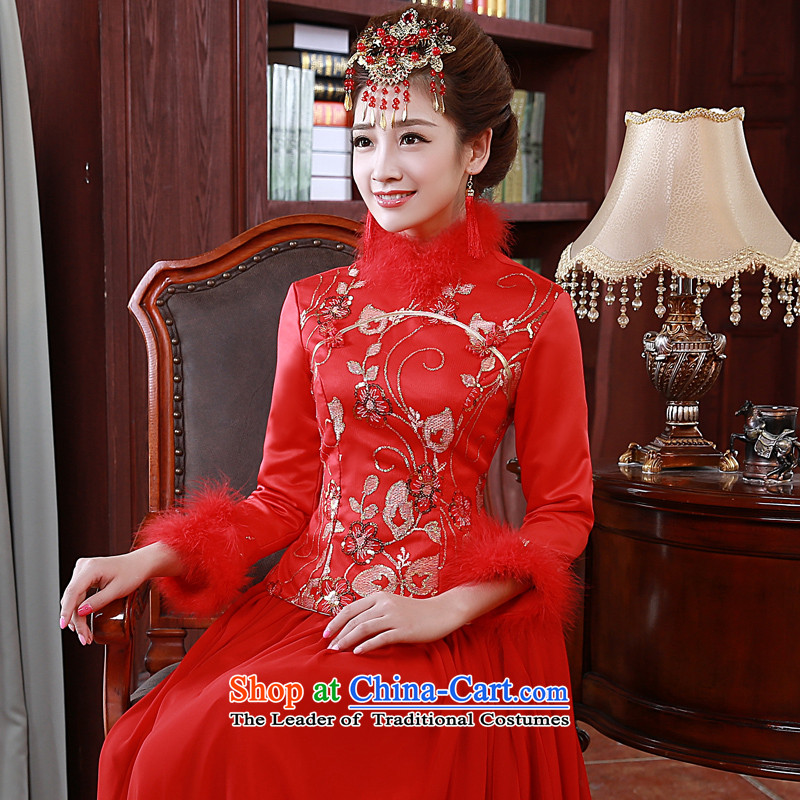 The privilege of serving-leung 2015 Fall/Winter Collections new bride bows service wedding dress Chinese long-sleeved plus cotton red 2XL, qipao honor services-leung , , , shopping on the Internet