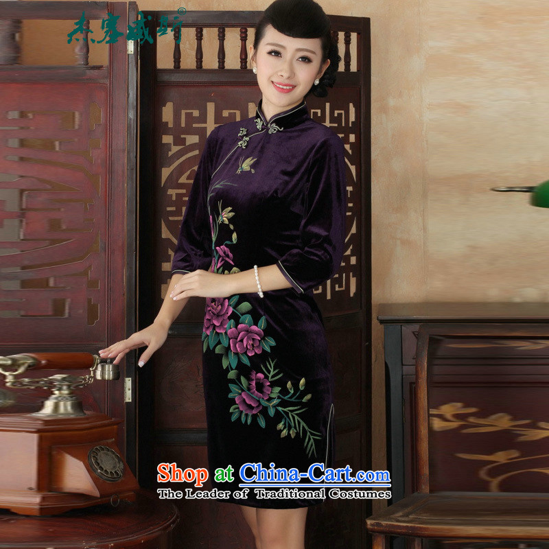 In the new kit, hand-painted flowers Chinese Stretch Wool collar manually really tray clip Tang Gown cheongsam dress XXXL, wine red in Wisconsin, , , , Jie shopping on the Internet