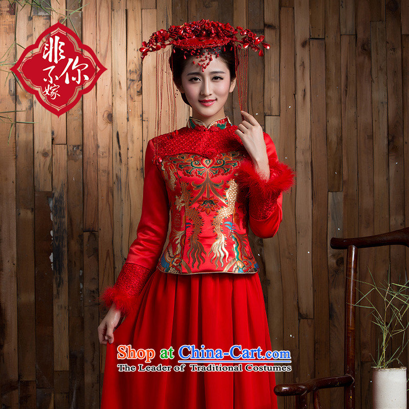 Non-you do not marry?2015 new drink large thick winter clothing bride long-sleeved qipao retro lace long wedding dress Red?2XL