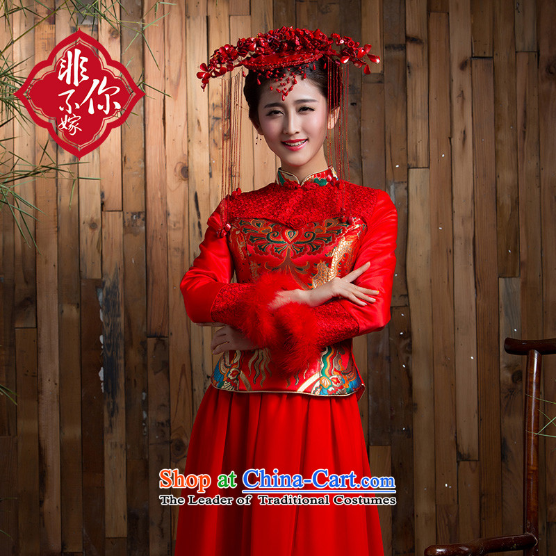 Non-you do not marry 2015 new drink large thick winter clothing bride long-sleeved qipao retro lace long wedding dress 2XL, Red non-you do not marry shopping on the Internet has been pressed.