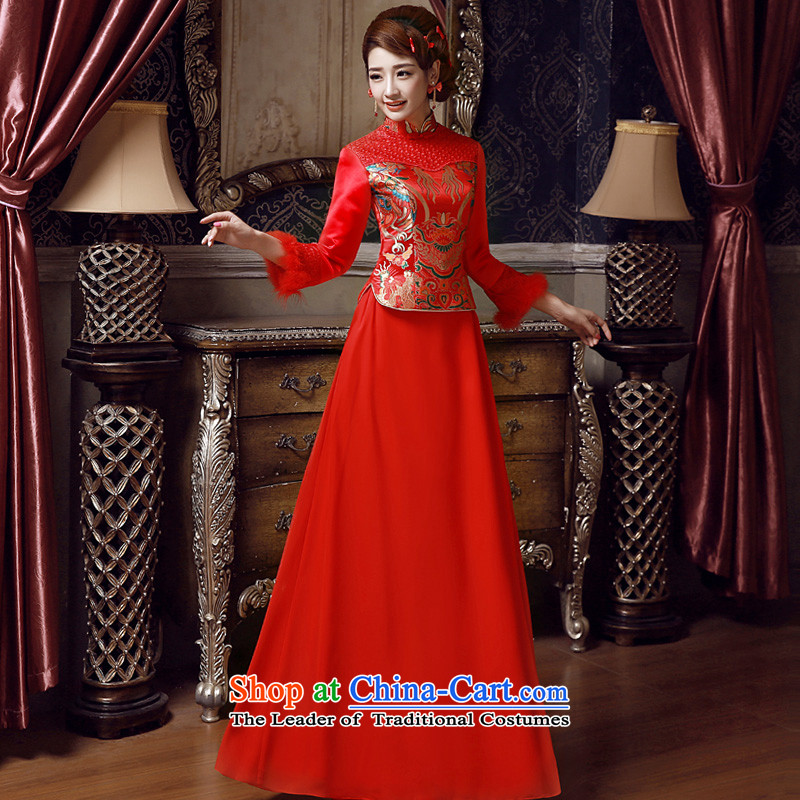 The privilege of serving-leung 2015 Spring Summer Wedding Dress Chinese long-sleeved bows service bridal dresses Red Red?2XL