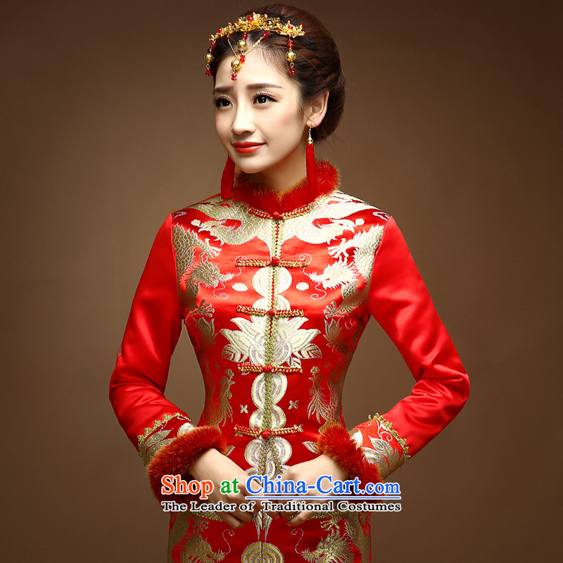 The privilege of serving-Leung of the 2014 Winter winter clothing new bride wedding dress Chinese wedding dress long-sleeved clothing cotton red qipao bows 2XL, honor services-leung , , , shopping on the Internet