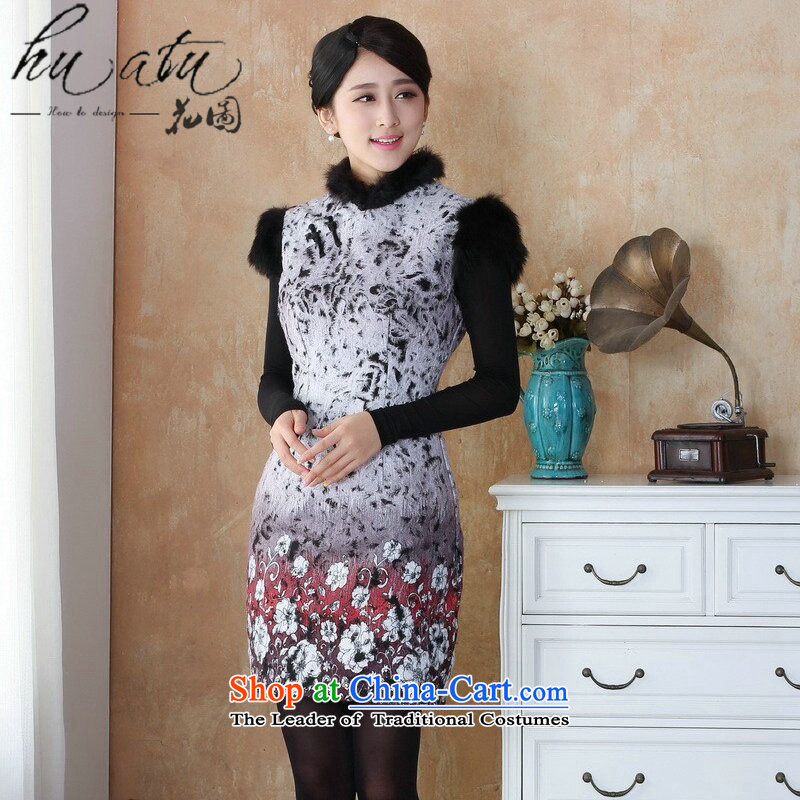 Floral winter clothing new cheongsam dress gross Tang dynasty? Ms. qipao rough edges Mock-neck stamp cheongsam dress suit - 1 red 3XL, floral shopping on the Internet has been pressed.