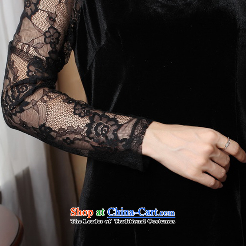 The cross-sa 2015 Spring and Autumn long-sleeved new aristocratic cheongsam dress retro lace stitching improved cheongsam dress the cross-sa Y3319D XL, , , , shopping on the Internet