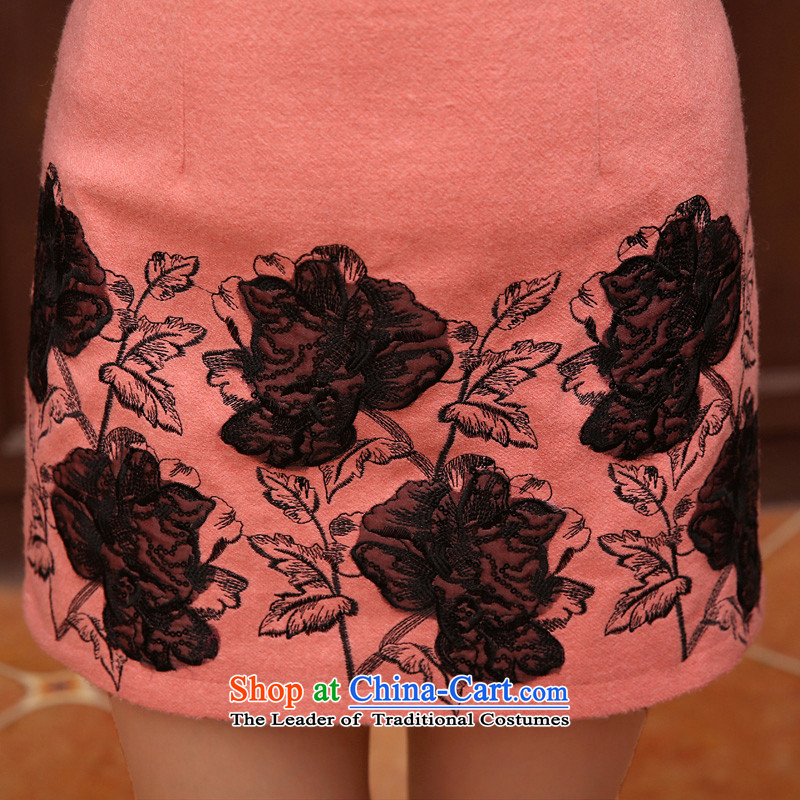 The 2014 autumn and winter morning land new stylish retro improvement of daily luxury rabbit hair collar short of qipao wool skirt pink , L, morning land has been pressed shopping on the Internet
