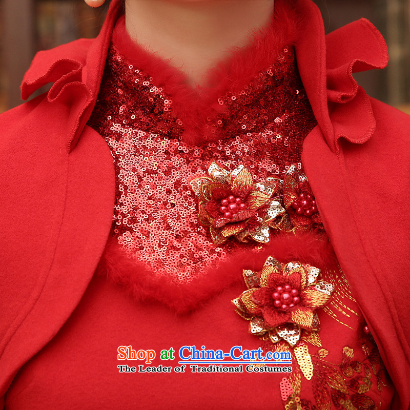 Morning Land 2014 load autumn and winter married bride improved qipao wool bows Chinese long-sleeved gown skirt two kits RED M morning land has been pressed shopping on the Internet