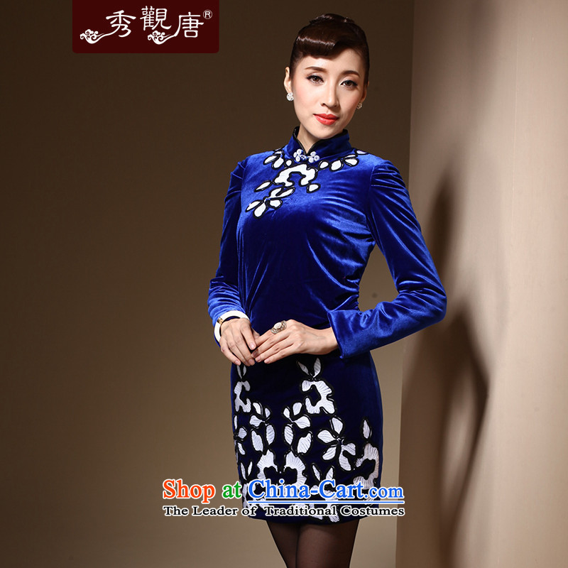 Sau Kwun Tong Aikyo 2014 autumn and winter new upscale scouring pads after chancing retro long-sleeved embroidery cheongsam dress QC31031 BLUE XL, Sau Kwun Tong shopping on the Internet has been pressed.
