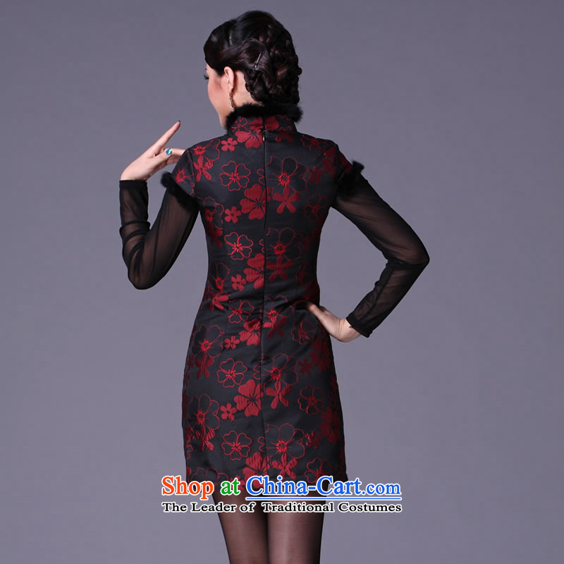Sau Kwun Tong also improved stylish spend a qipao 2015 winter clothing new rabbit hair clip cotton dress G99212 dark red XXL, Sau Kwun Tong shopping on the Internet has been pressed.