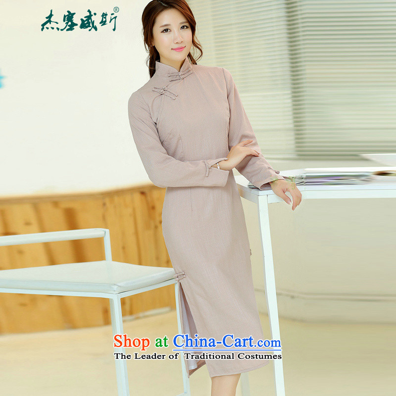 Jie in the spring and summer female retro elegant long cotton linen collar manually detained improved long-sleeved pure colors with dark green XL, Cheng Kejie plug cheongsam, , , , shopping on the Internet