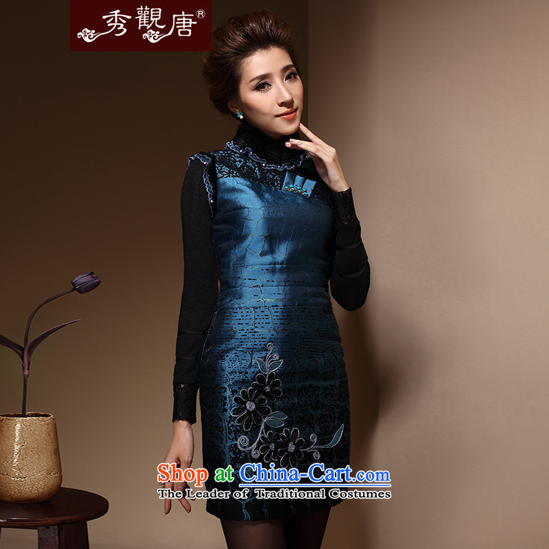 Sau Kwun Tong winter flower lovers Chinese qipao stylish gross cotton folder for the new 2014 winter embroidery Sau San dresses QM3915 DARK BLUE XL, Sau Kwun Tong shopping on the Internet has been pressed.