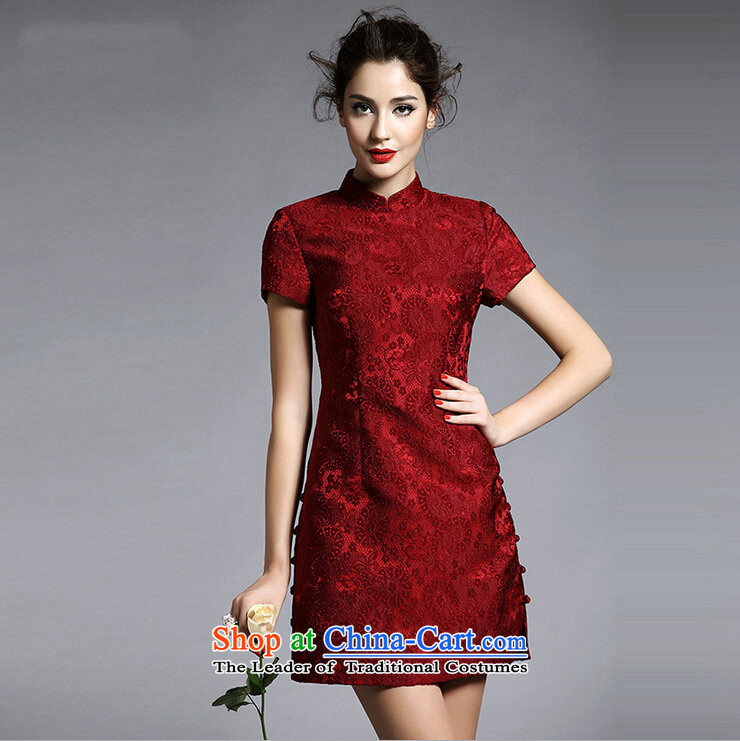 Secret ME New 2014 Women's temperament elegant stylish retro ethnic improved qipao Sau San lace collar short-sleeved dresses dark red L picture, prices, brand platters! The elections are supplied in the national character of distribution, so action, buy now enjoy more preferential! As soon as possible.