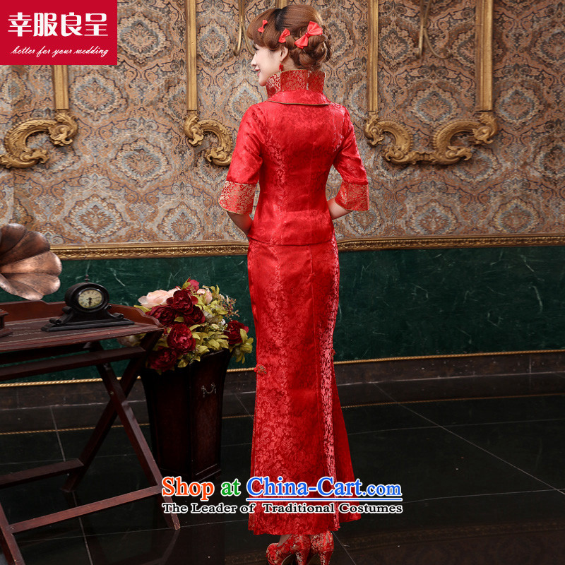 The privilege of serving-leung 2015 new autumn and winter red bride wedding dress Chinese long-sleeved qipao long winter clothing bows cloth dress S honor services-leung , , , shopping on the Internet
