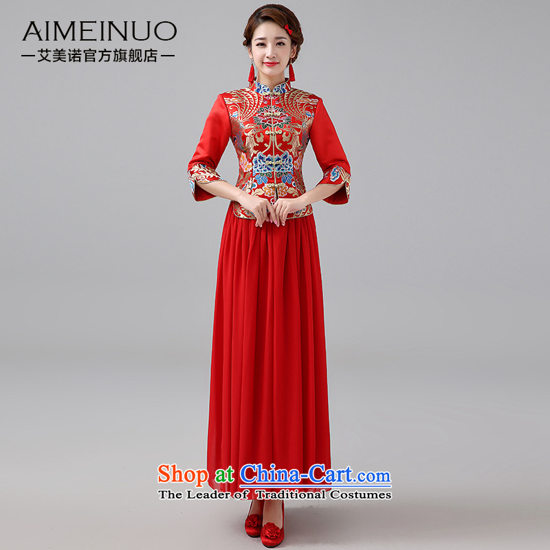 Hiv Miele 2014 winter clothing new marriages cheongsam red long serving Chinese Dress folder bows unit in long-sleeved two kits?Q0044 M
