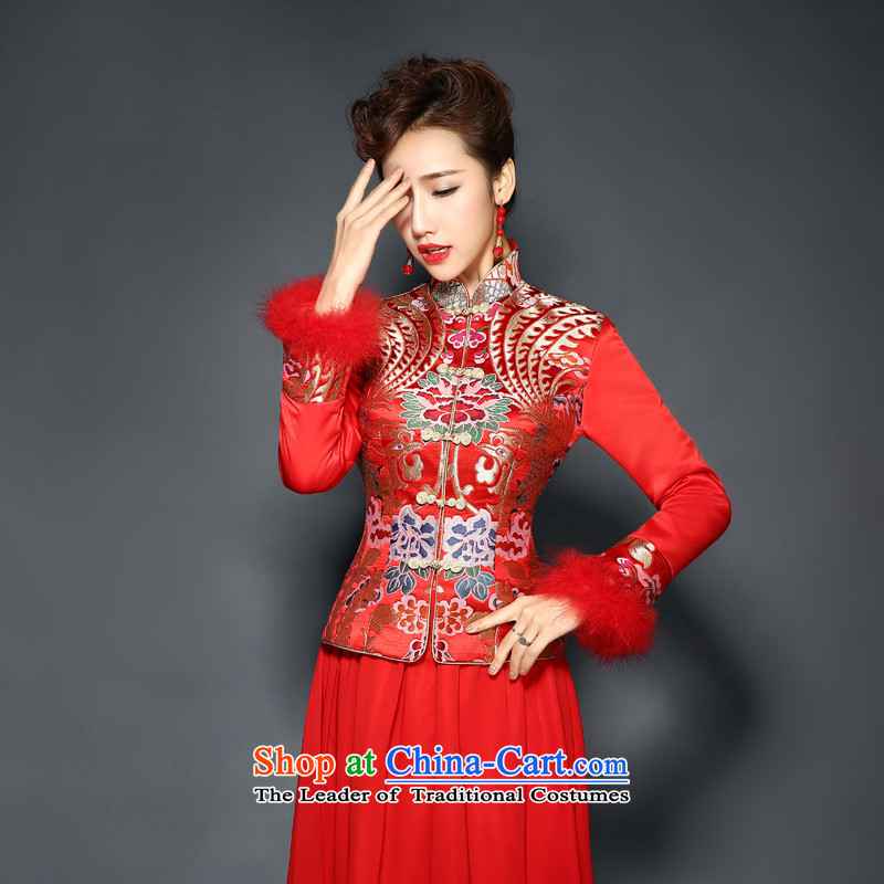 Marriage New Service bows qipao 2015 cheongsam dress marriages red long folder cotton waffle dresses retro improved autumn and winter RED M, hundreds of Ming products , , , shopping on the Internet