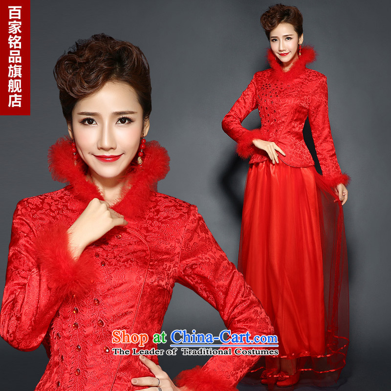Red qipao winter clothing long-sleeved wedding dress Winter Sweater clip cotton waffle pack?2015 new bride stylish bows services red?L _