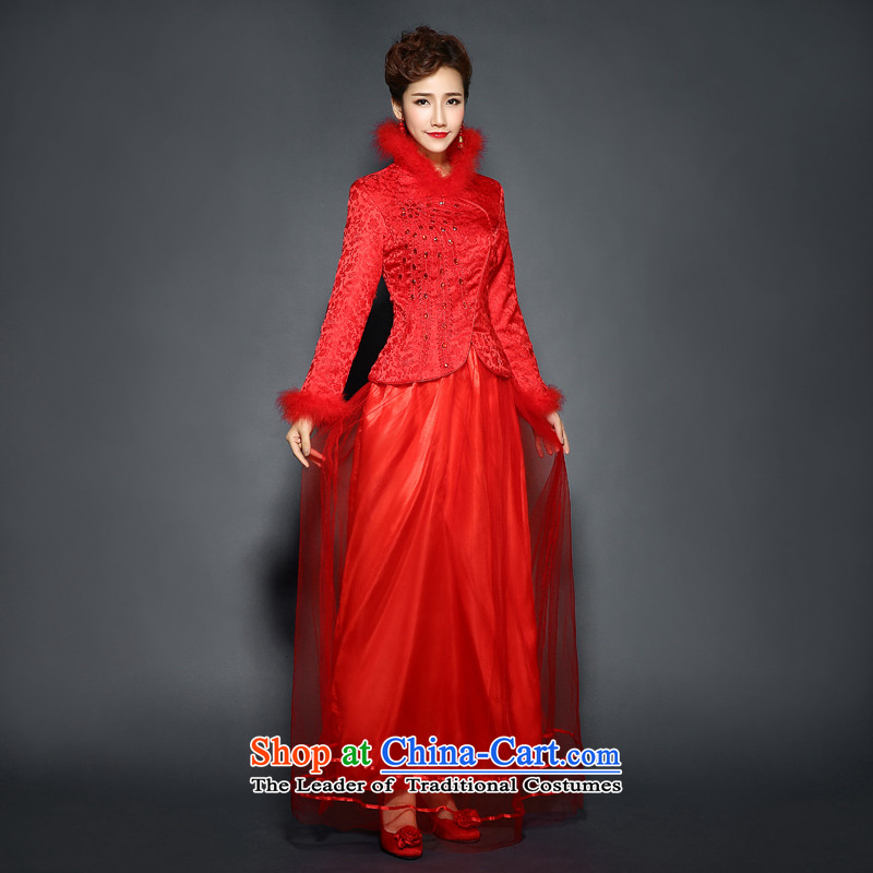 Red qipao winter clothing long-sleeved wedding dress Winter Sweater clip cotton waffle pack 2015 new bride stylish bows services red L, Sau San hundreds of products has been pressed. Mr Martin LEE shopping on the Internet