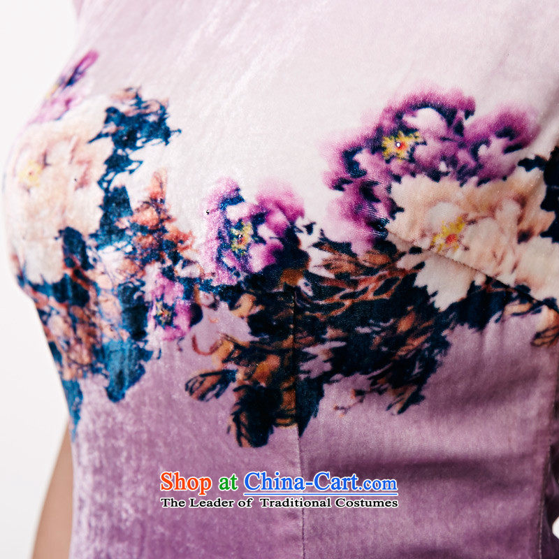 The MOZEN2015 wood really spring and summer New floral velvet short-sleeved gown female 11516 elegant qipao 17 light purple XL, wooden really a , , , shopping on the Internet