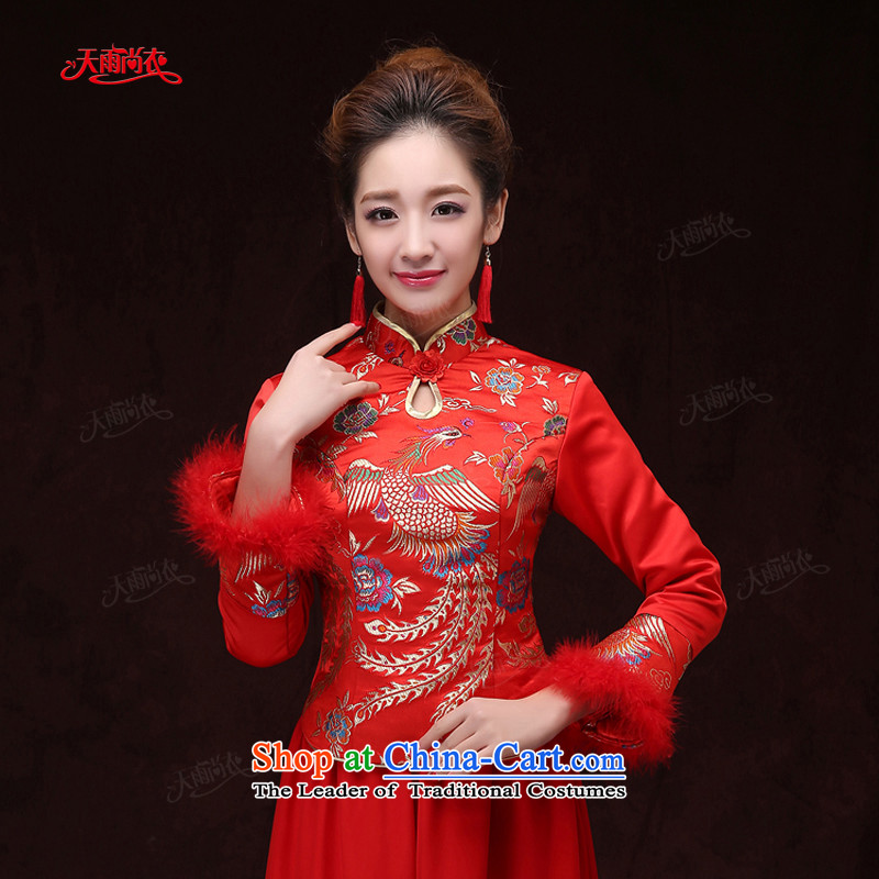 Rain-sang yi 2015 new marriage wedding dresses bride winter clothing long-sleeved long red phoenix embroidered winter women cheongsam QP572 RED , L, rain is yi , , , shopping on the Internet