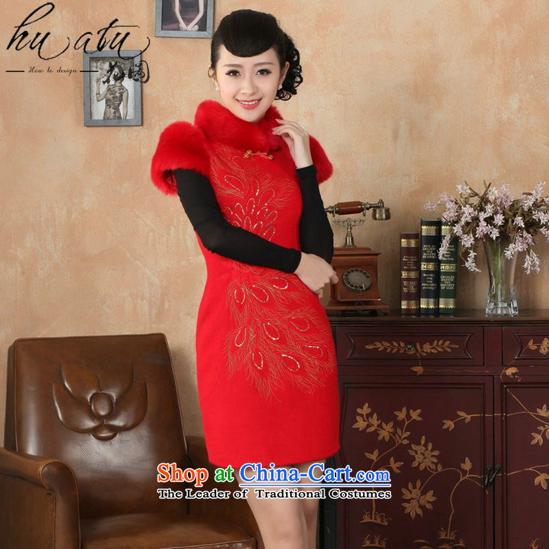 Spend winter clothing qipao figure female Tang Dynasty Chinese improved gross collar Washable Wool qipao plus COTTON SHORT? qipao gown RED M spent skirt figure , , , shopping on the Internet