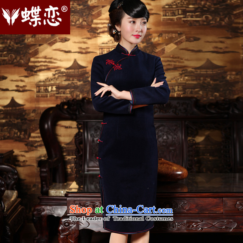 The Butterfly Lovers autumn 2015 new stylish improved wool? cheongsam dress retro long long-sleeved qipao 49156 navy blue  L