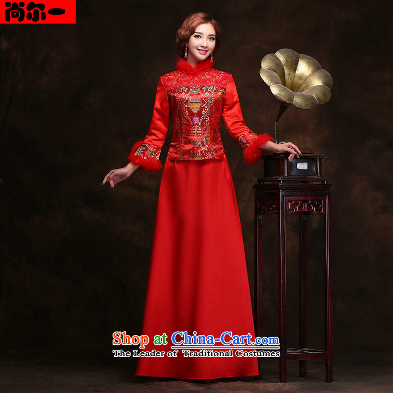 Naoji a 2014 new marriages qipao improved stylish long-sleeved warm winter clothing Chinese cotton folder bows dress yy2310 red?S