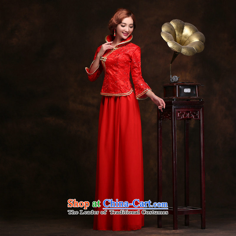 Yet the 2014 New wedding dresses retro improved long red bows to Sau San video thin bride dress temperament gentlewoman bows  yy9410 services  with a single red S, there has been pressed shopping on the Internet