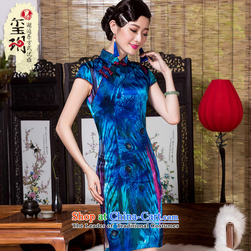 The Seal of autumn and winter, Heavyweight Silk Cheongsam stamp improved retro daily Ms. herbs extract cheongsam dress blue S seal decreased by , , , shopping on the Internet