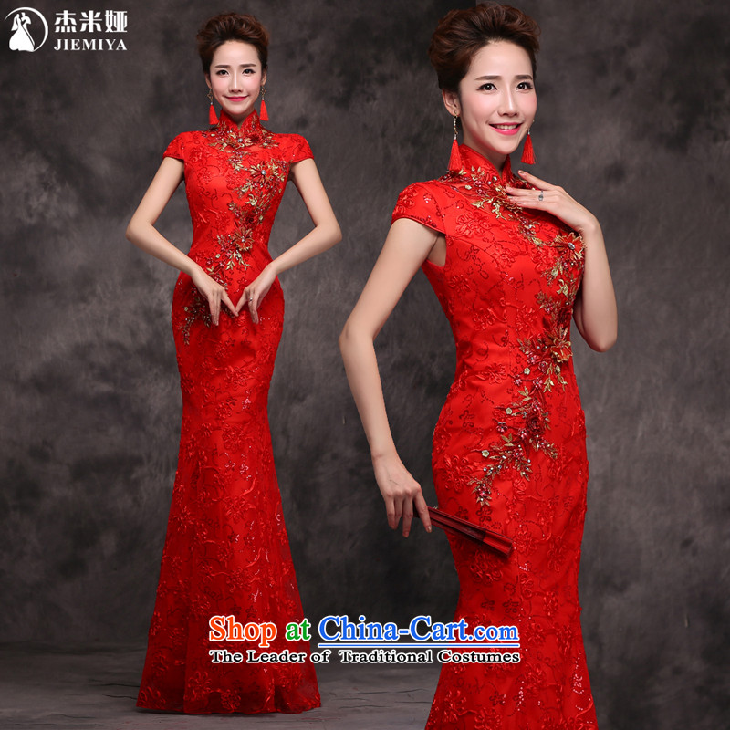Jie mija bows Service Bridal Fashion 2015 new red qipao fall short-sleeved marriage Chinese Dress long red XS, Sau San Jie mia , , , shopping on the Internet