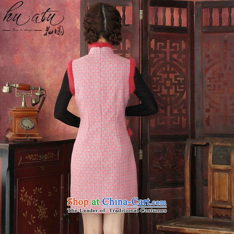Floral autumn and winter cheongsam dress Tang Dynasty Chinese collar stylish thick lace qipao rabbit hair clip cheongsam dress dresses flower pink flower XL, , , , Figure shopping on the Internet