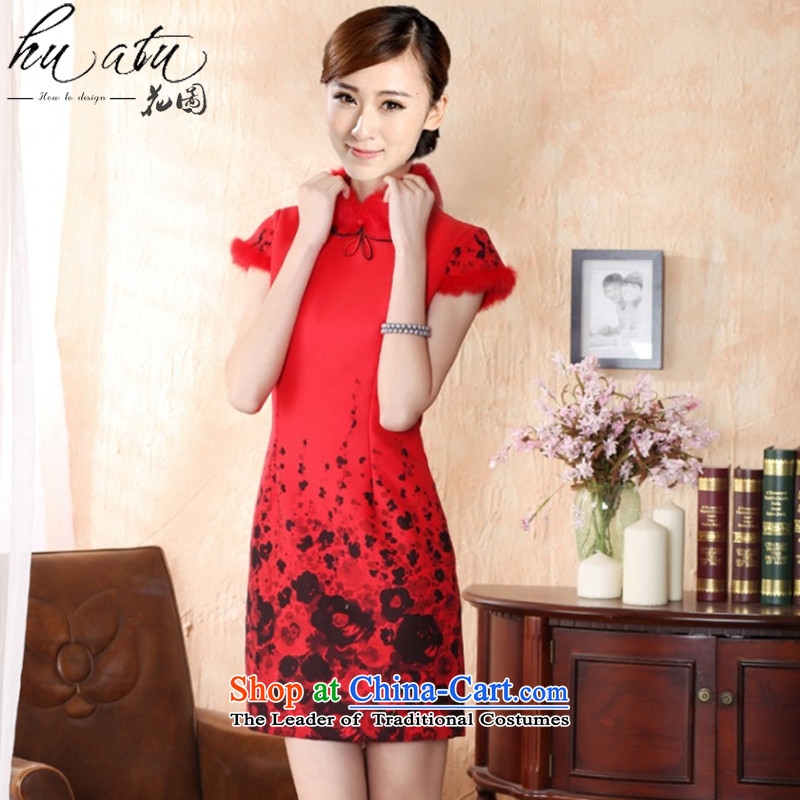 Floral autumn and winter cheongsam dress Tang dynasty gross rabbit hair for improved? bride qipao qipao qipao annual meeting of festivity red red flower figure , , , S, shopping on the Internet