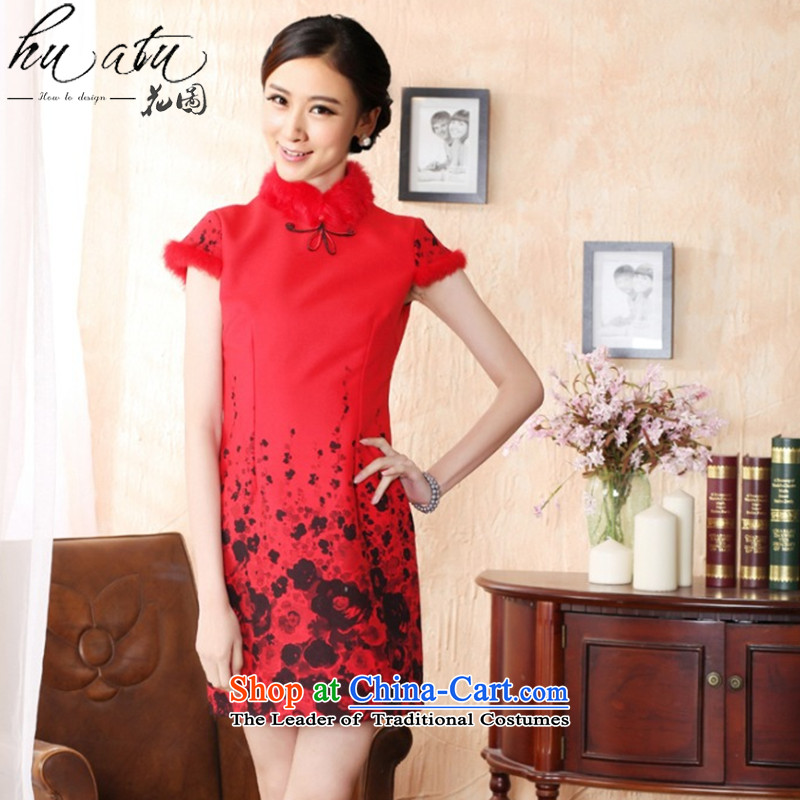Floral autumn and winter cheongsam dress Tang dynasty gross rabbit hair for improved? bride qipao qipao qipao annual meeting of festivity red red flower figure , , , S, shopping on the Internet