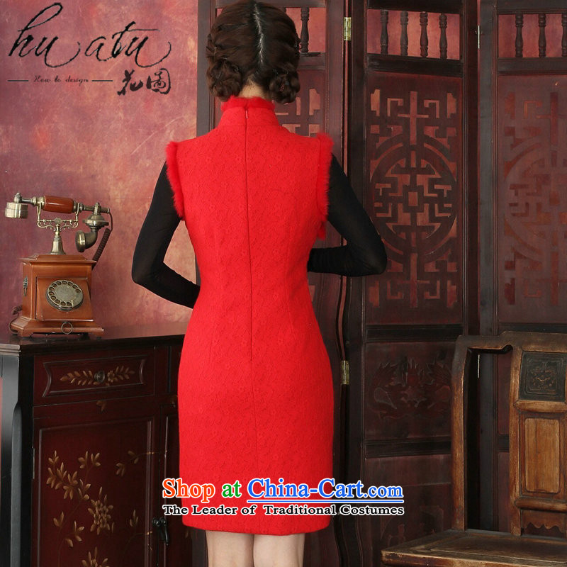Floral qipao Tang dynasty women for winter cheongsam thick composite lace collar rabbit hair for jubilation cheongsam dress cheongsam dress red , L, floral shopping on the Internet has been pressed.