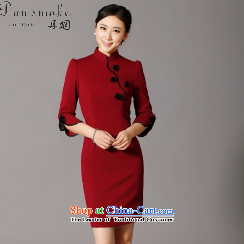 Dan smoke cheongsam dress Spring and Autumn Chinese improved collar manually stereo spend maschen-moden cheongsam dress banquet qipao services wine red?M