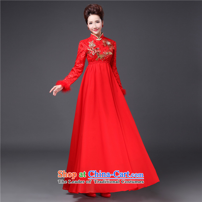 Jie mija bows Service Bridal Fashion 2014 new long-sleeved red winter_ Marriage qipao winter clothing Top Loin of pregnant women dress?XXXL red