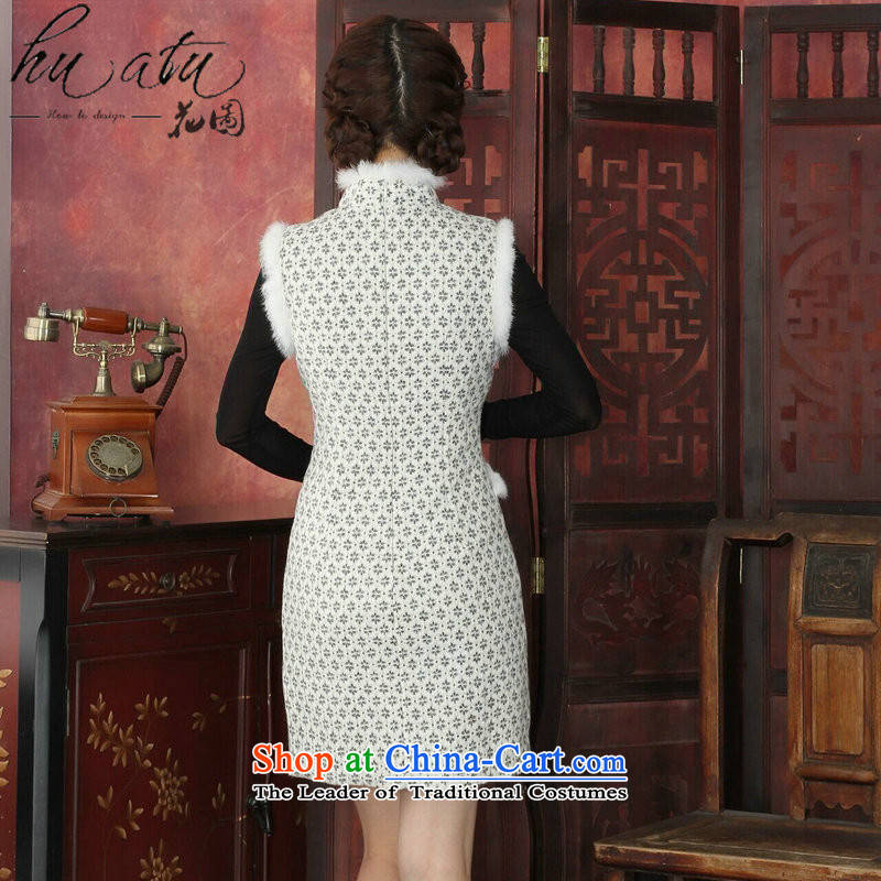 Floral qipao female Tang Dynasty Chinese autumn and winter collar rabbit hair style qipao banquet improved lace thick white M spent qipao skirt figure , , , shopping on the Internet