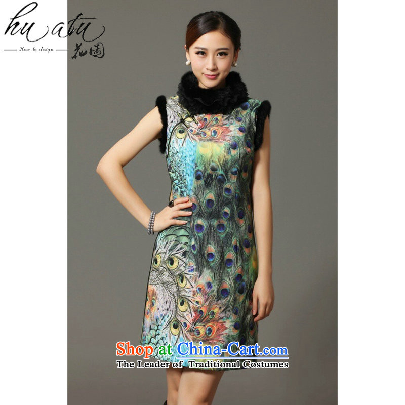 Spend the winter autumn cotton qipao figure female Tang Dynasty Chinese collar rabbit hair for the peacock improved cotton dress dress as shown qipao color?XL