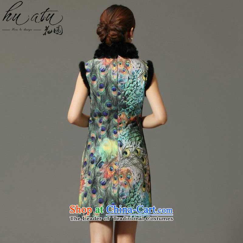 Spend the winter autumn cotton qipao figure female Tang Dynasty Chinese collar rabbit hair for the peacock improved cotton dress dress as shown qipao color XL, floral shopping on the Internet has been pressed.