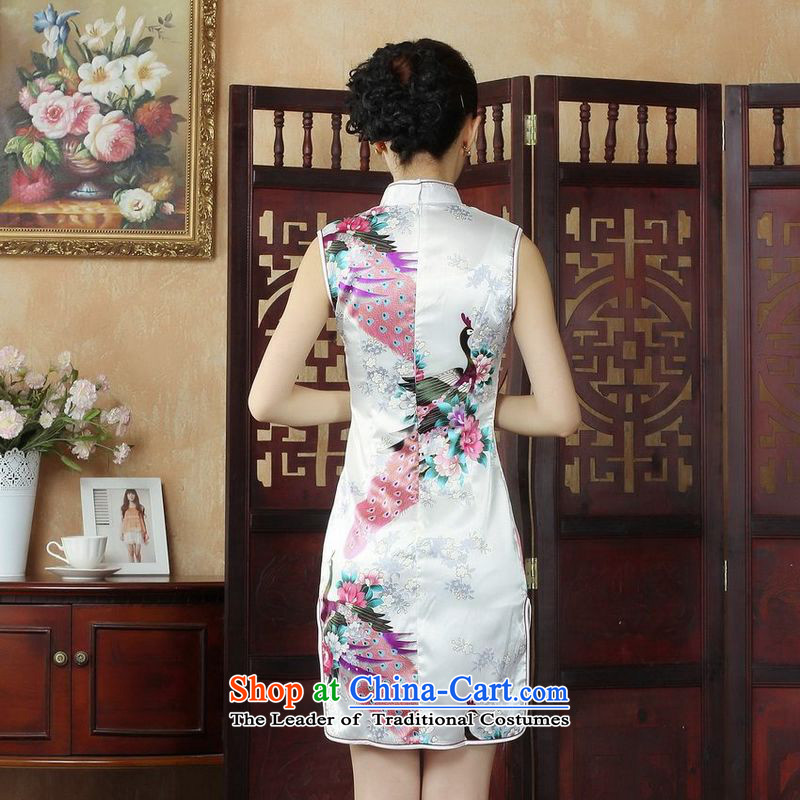 158 Jing Ms. Tang dynasty qipao improved summer collar is pressed qipao peacock cheongsam dress short skirt J5143 white S, Li Jing shopping on the Internet has been pressed.