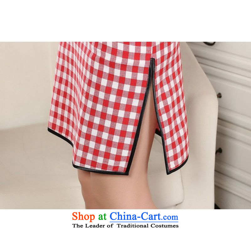 158 Jing cotton linen retro checked short-sleeved qipao improved day-to-Republic of Korea Women's Summer linen cheongsam dress D0247 emblazoned with the Red Grid 2XL, 158 jing shopping on the Internet has been pressed.