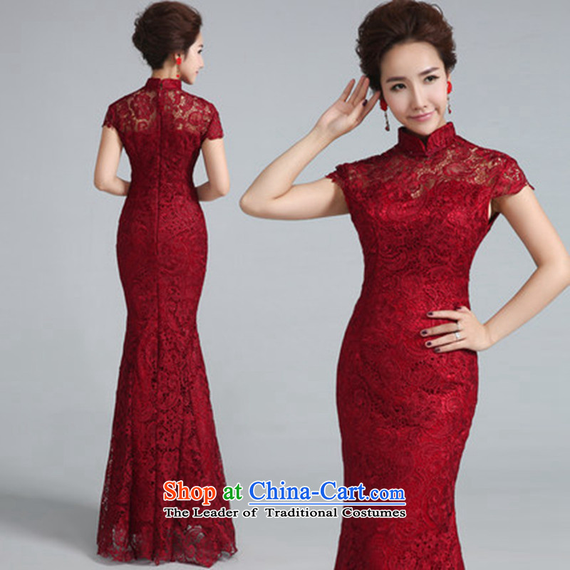 Jie mija qipao new 2015 improved wine red stylish lace marriages bows dress uniform crowsfoot autumn and winter female red S, Cheng Kejie mia , , , shopping on the Internet
