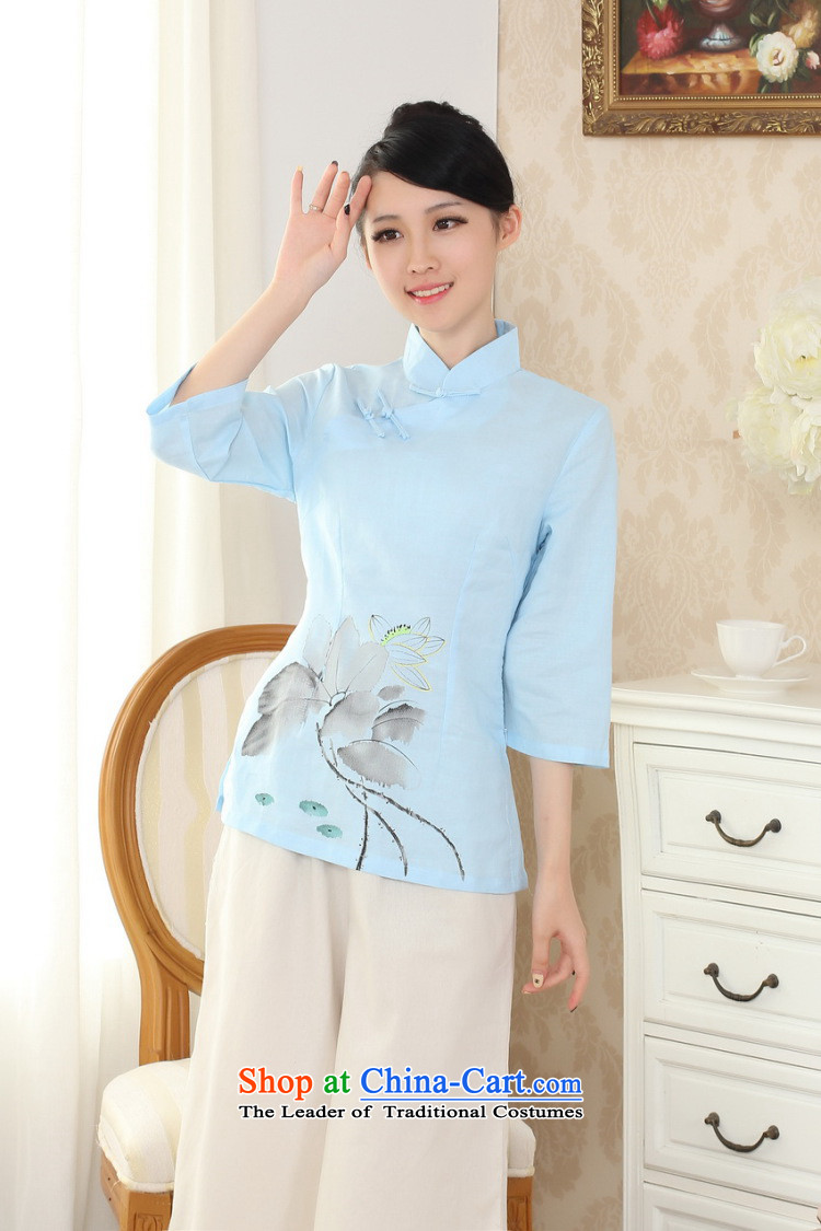 Ms. Li Jing Tong Women's clothes summer shirt collar cotton linen hand-painted Chinese Han-women in Tang Dynasty improved cuff -A blue L picture, prices, brand platters! The elections are supplied in the national character of distribution, so action, buy now enjoy more preferential! As soon as possible.