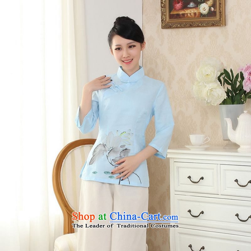 Ms. Li Jing Tong Women's clothes summer shirt collar cotton linen hand-painted Chinese Han-women in Tang Dynasty improved cuff?-A blue?L
