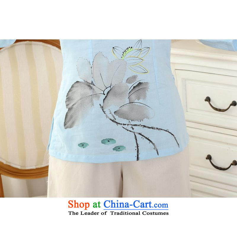 Ms. Li Jing Tong Women's clothes summer shirt collar cotton linen hand-painted Chinese Han-women in Tang Dynasty improved cuff -A blue , L 158 jing shopping on the Internet has been pressed.
