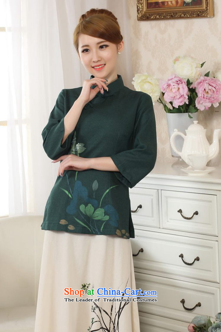 Ms. Li Jing Tong Women's clothes summer shirt collar cotton linen hand-painted Chinese Han-women in Tang Dynasty improved cuff -A dark green S picture, prices, brand platters! The elections are supplied in the national character of distribution, so action, buy now enjoy more preferential! As soon as possible.