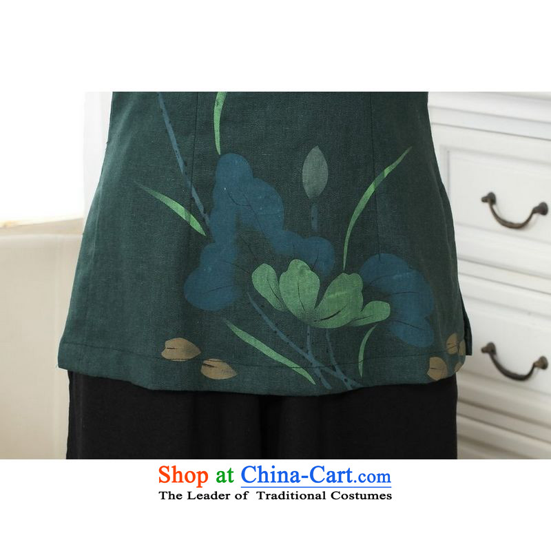 Ms. Li Jing Tong Women's clothes summer shirt collar cotton linen hand-painted Chinese Han-women in Tang Dynasty improved cuff -A dark green S, Li Jing shopping on the Internet has been pressed.